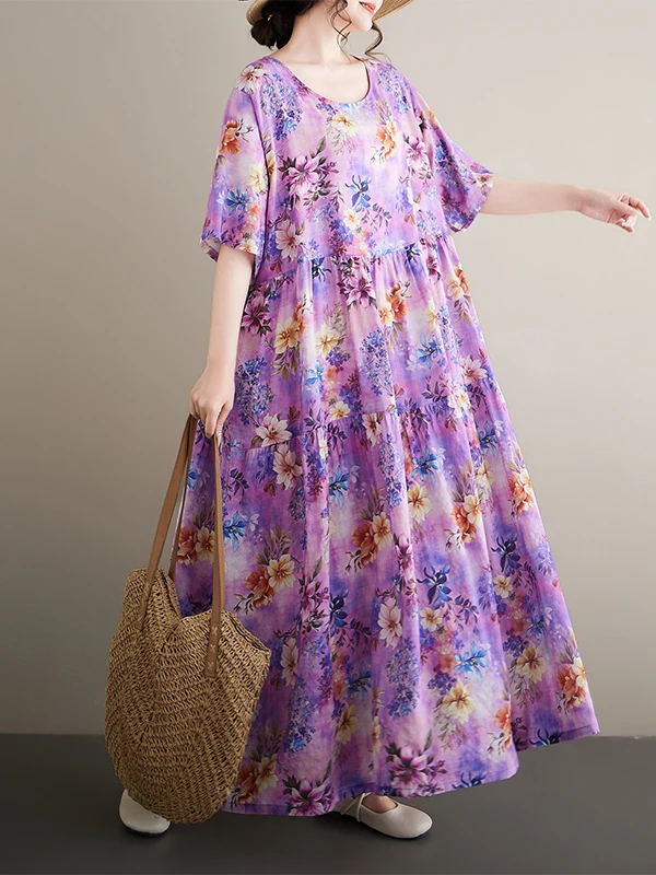 

Loose Bohemian Cotton Linen Dress round Neck Short Sleeve Full Skirted Casual Holiday plus Size Women's Dress Summer Dress