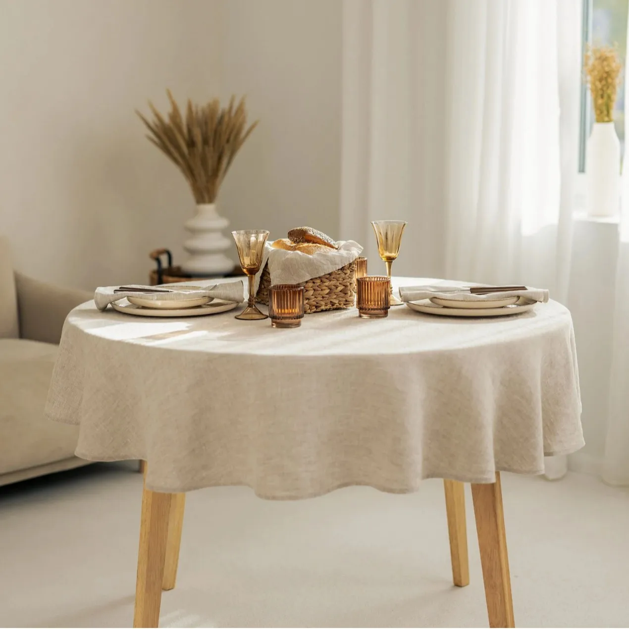 Ins Style Linen 100% Round Tablecloth Luxurious Pure Color Custom-made Coffee Table Cover Home Daily Use Living Room Decor