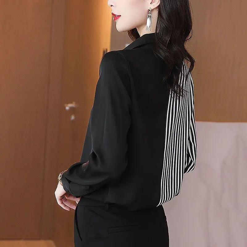 Satin Shirt Striped Patchwork Elegant Office Lady Button Up Shirt 2023 Spring Autumn Korean Fashion Long Sleeve Blouse Top Women