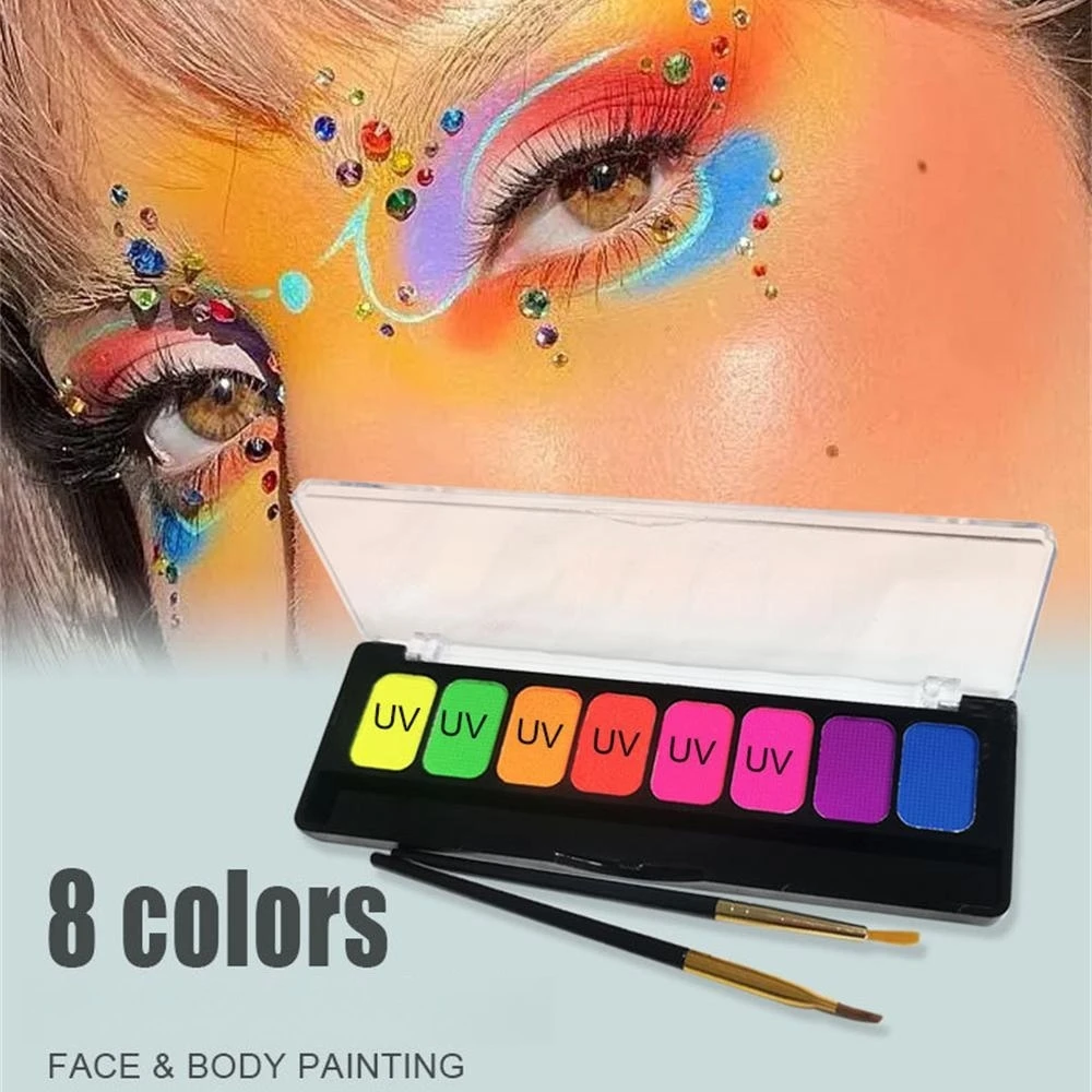 8-Color Water-Soluble Fluorescent Body Paints Halloween Dark Night Glow Paintbrush DIY Quick Dry Camouflage Paste Eyeline Makeup