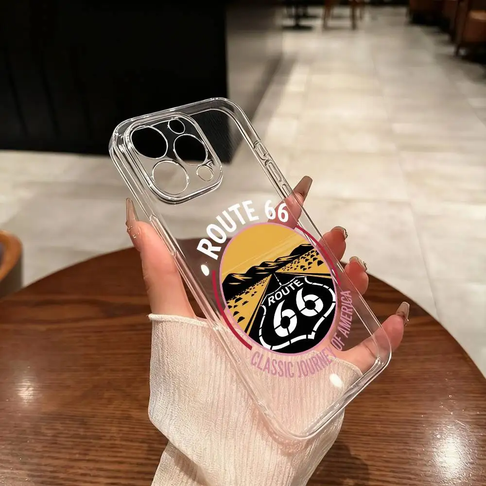 

Classic Route US-66 Printing Phone Case For iPhone 17 16 15 14 13 12 11 Mini Pro Max Plus Transparent Cover