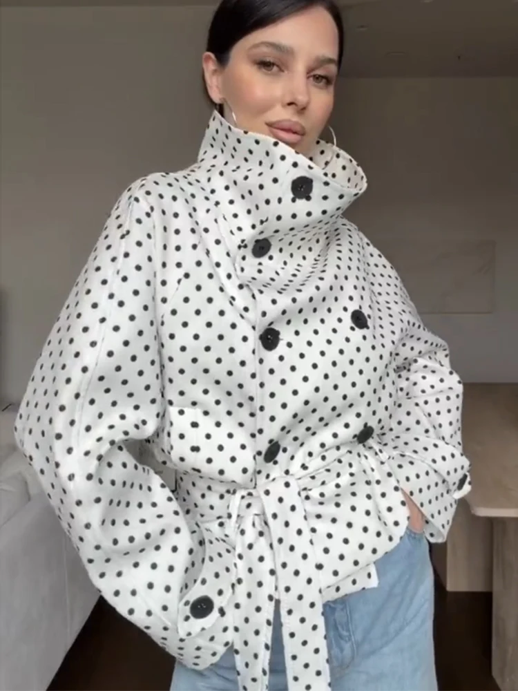 SLTNX polka dot short trench coat jacket women's jacket half season extra large long sleeve coat pilot plus size trench coat