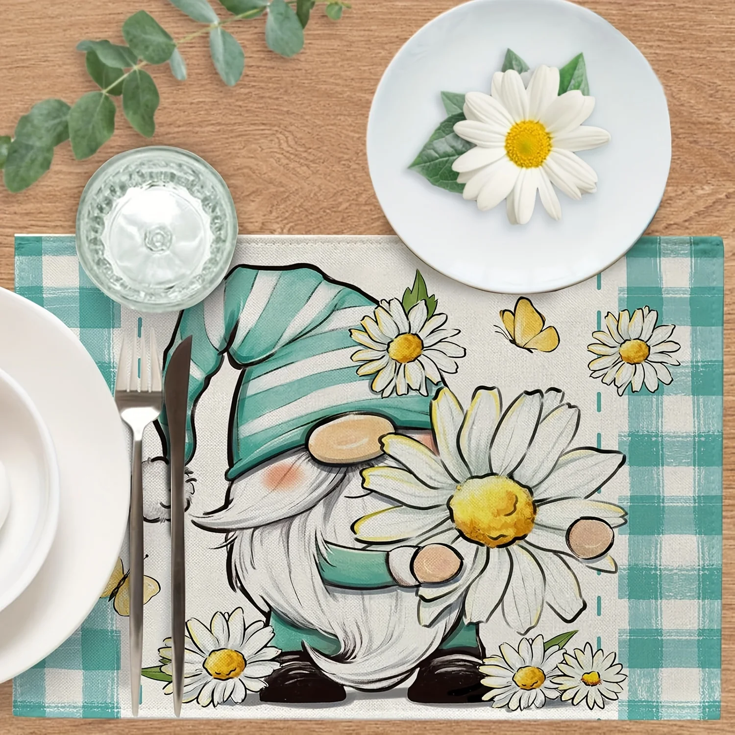 4Pcs, Daisy Gnome Pattern Placemats, Washable, Suitable for Holiday Parties, Home Decor, Kitchen Countertops, Rectangular Dining Tables, Making Your Dining Room and Kitchen More Beautiful, Birthday Gifts for Family and Friends, and Housewarming Party Gifts