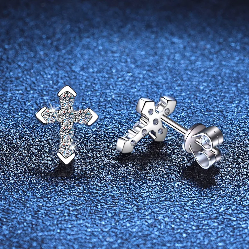 

0.36 Carat Moissanite Cross Stud Earrings 925 Sterling Silver Full Pavé Trendy Jewelry for Women
