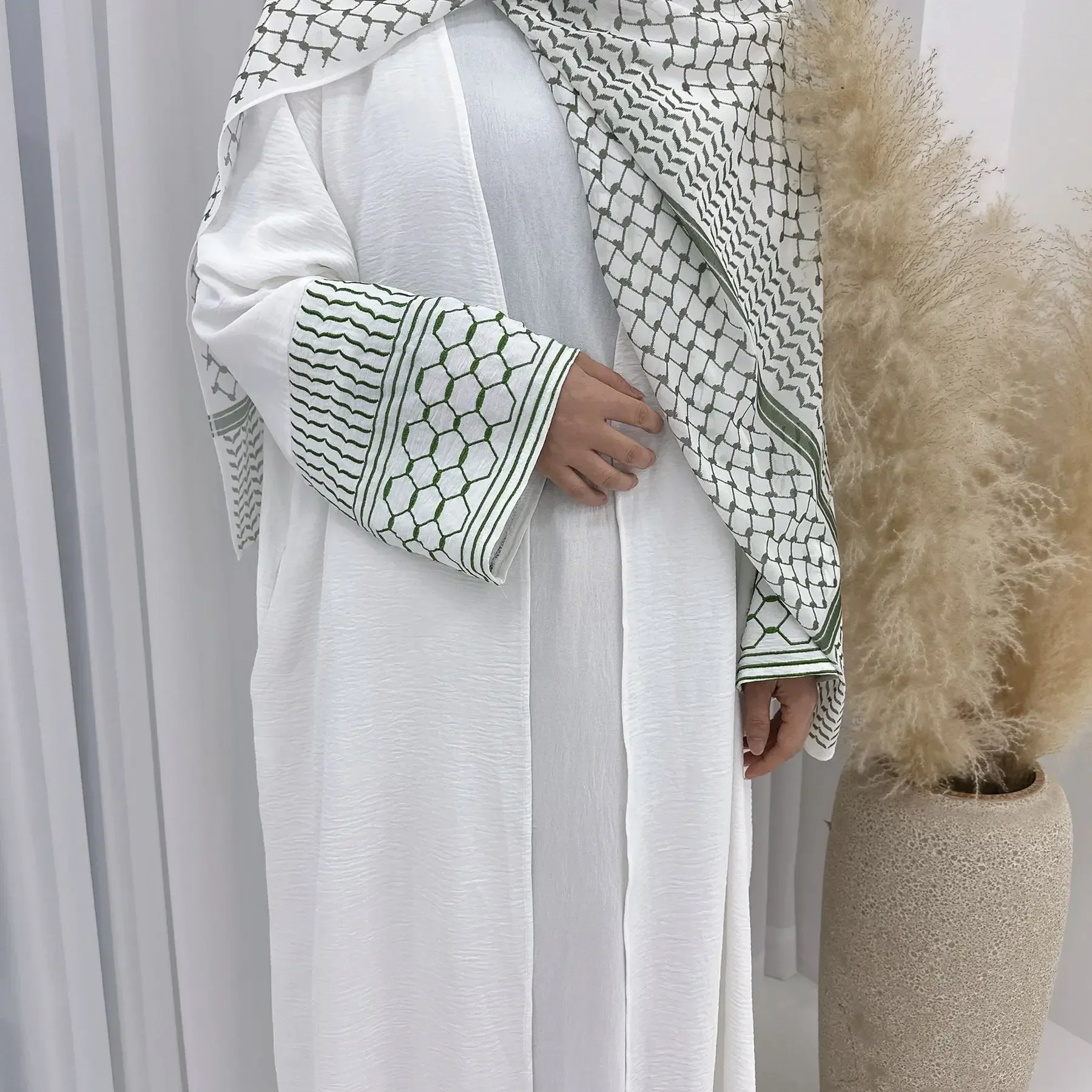 Wit Borduren Kimono Abaya Open Moslim Keffiyeh Abaya voor Vrouwen Dubai Luxe Palestina Islamitische Kleding Kaftan Gewaad Ramadan