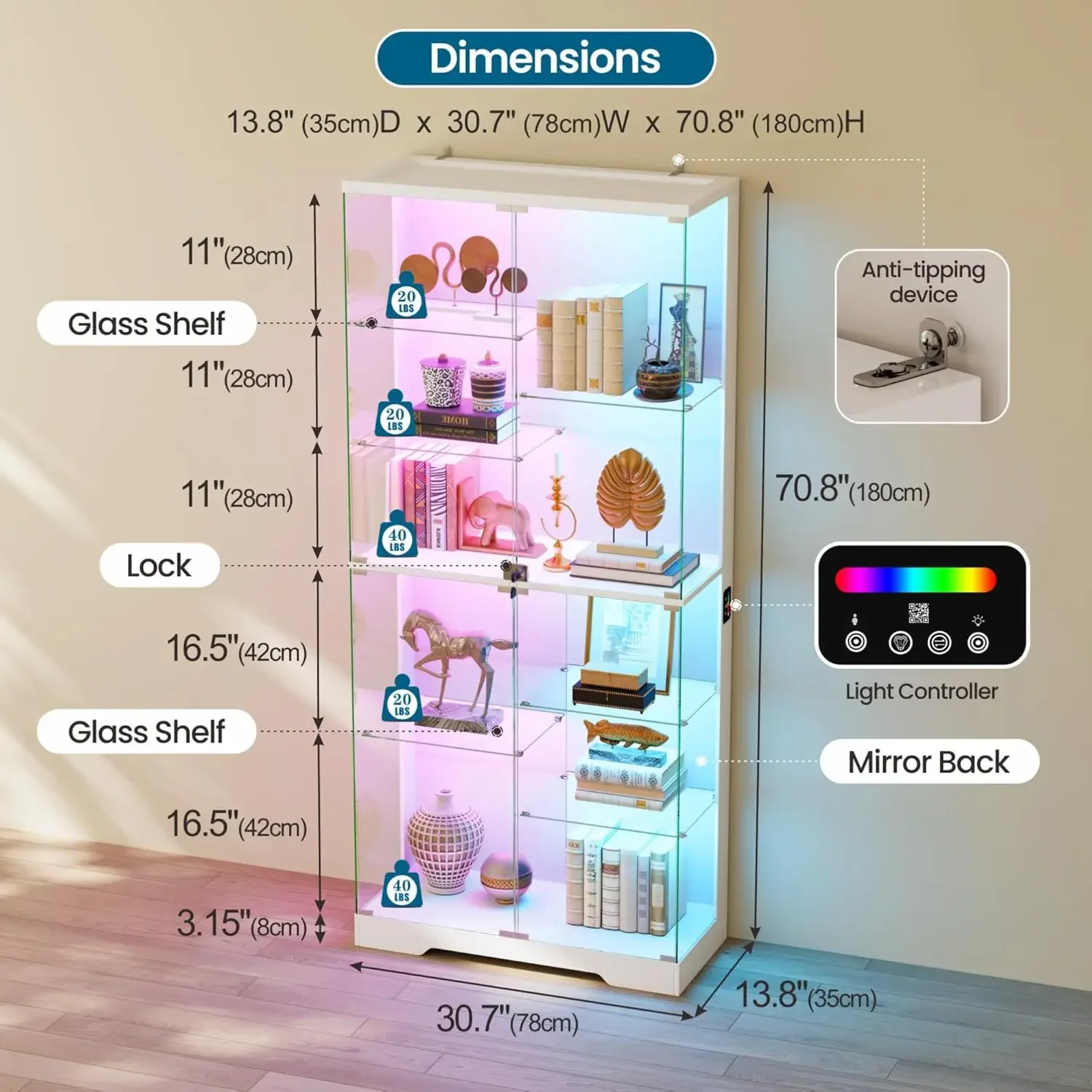 White 71 Inch Glass Display Cabinet 10 Tier Lockable Curio Case With RGB Lights Human Body Sensor For Collectibles