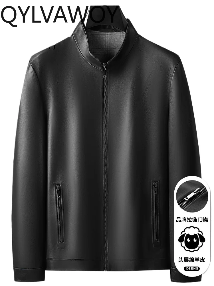 

QYLVAWOY куртка из натуральной овчины, мужская осенне-зимняя новая кожаная куртка с воротником-стойкой, деловая повседневная верхняя одежда LJ2608