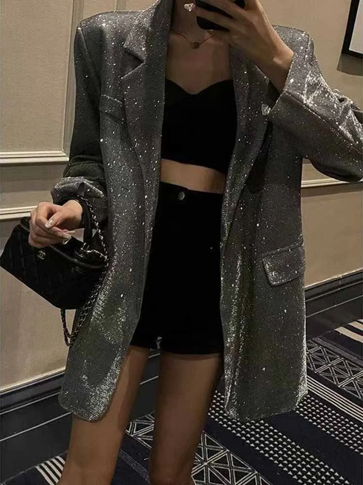 

Костюмный пиджак с пайетками в европейском стиле, женский весенне-осенний свободный тонкий блестящий пиджак