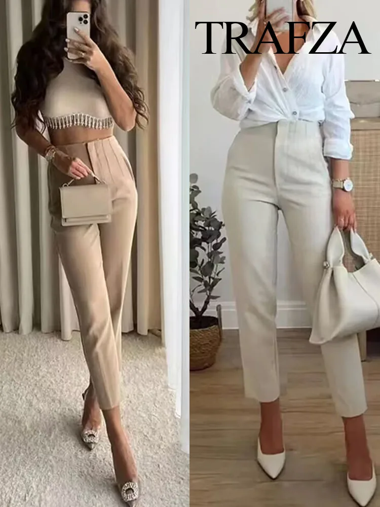 TRAFZA Pencil Pants For Women Elegant Solid High Waist Slim Zipper Fly Trousers Fashion Summer Female Chic Office Lady Pants