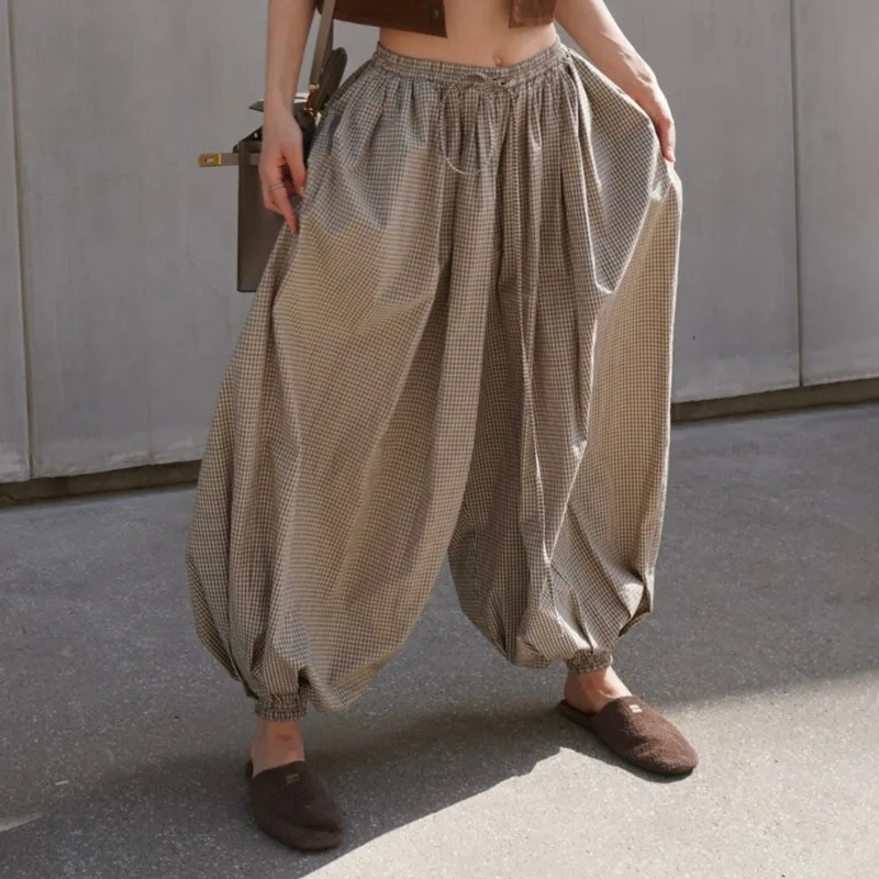 Vintage Plaid Lantern Pants For Women Lightweight Breathable Wide Leg Loose Casual Trousers Perfect For Autumn Streetwear Style