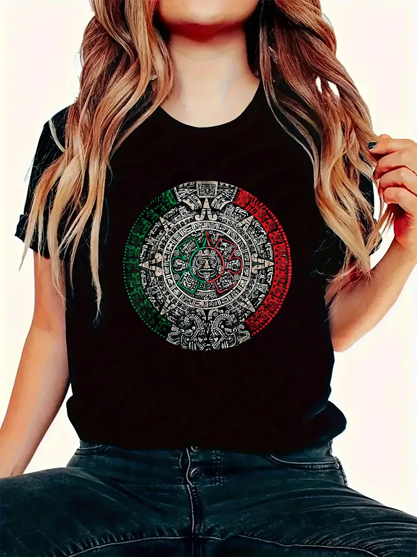 女性のカジュアルな半袖プリントTシャツ、aztecカレンダー、サンストーン、mexican art、夏の美的グラフィックy2kトップ