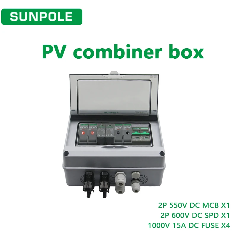 PV Combiner Box 2 input 1 output DC550V Solar photovoltaic With Lightning Protection Fuse SPD MCB Waterproof Box IP65 8ways