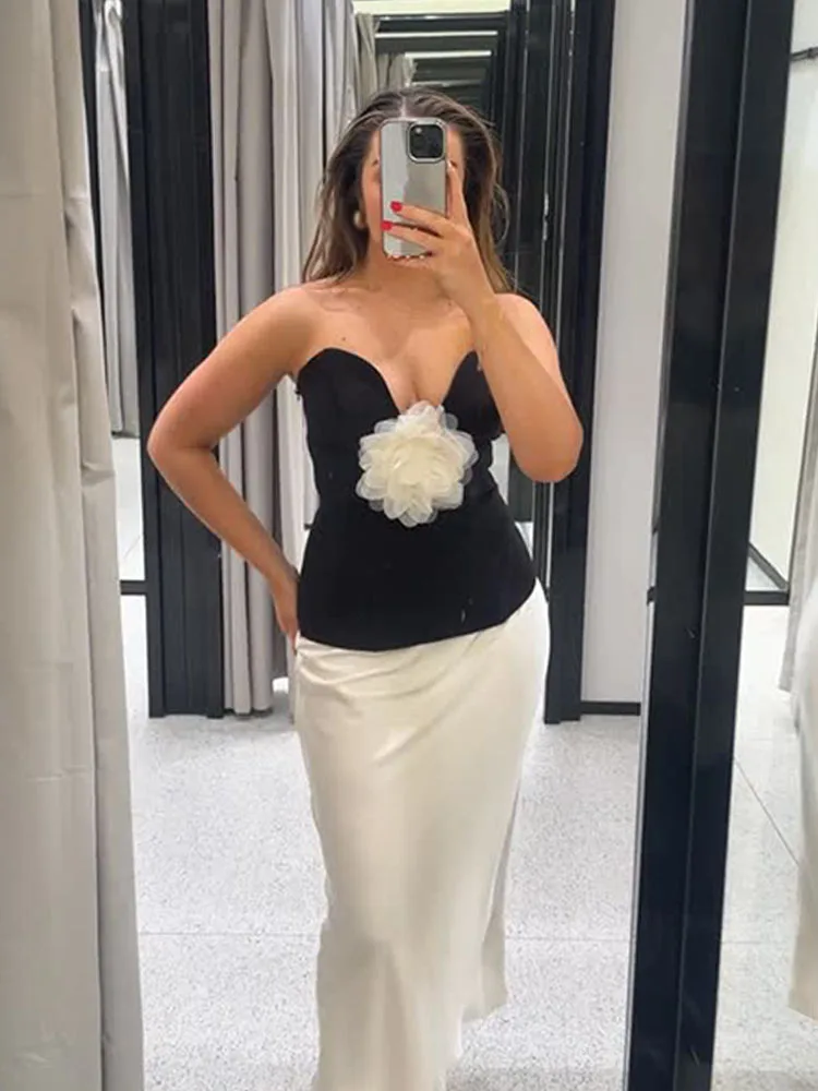 

HH Female Versatile Casual Tops Sleeveless Sexy Contrasting Colors Flower Decoration Tube Top Blouse Woman Summer Fashion Tops