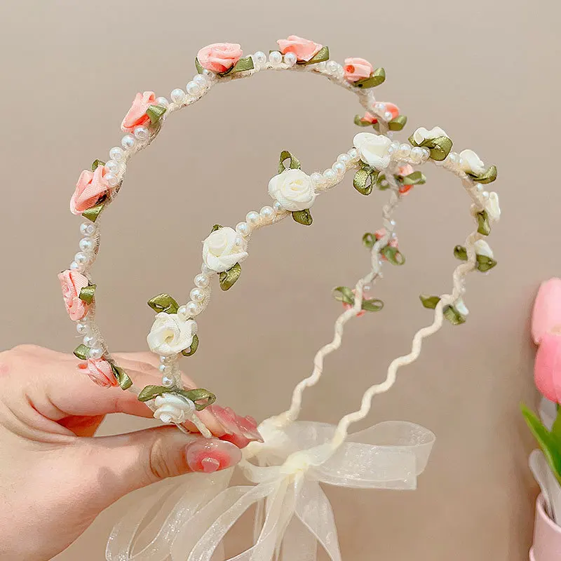 

2 PCS Pearl Flower Hairband Braided Ribbon Headdress Girls Day Hair Accessories