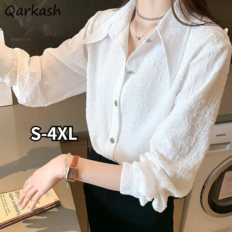 

Рубашки женские S-4XL, универсальные, простые, однотонные, с отложным воротником, элегантные, женские, весенние, классические, Новое поступление, базовые, нежный темперамент