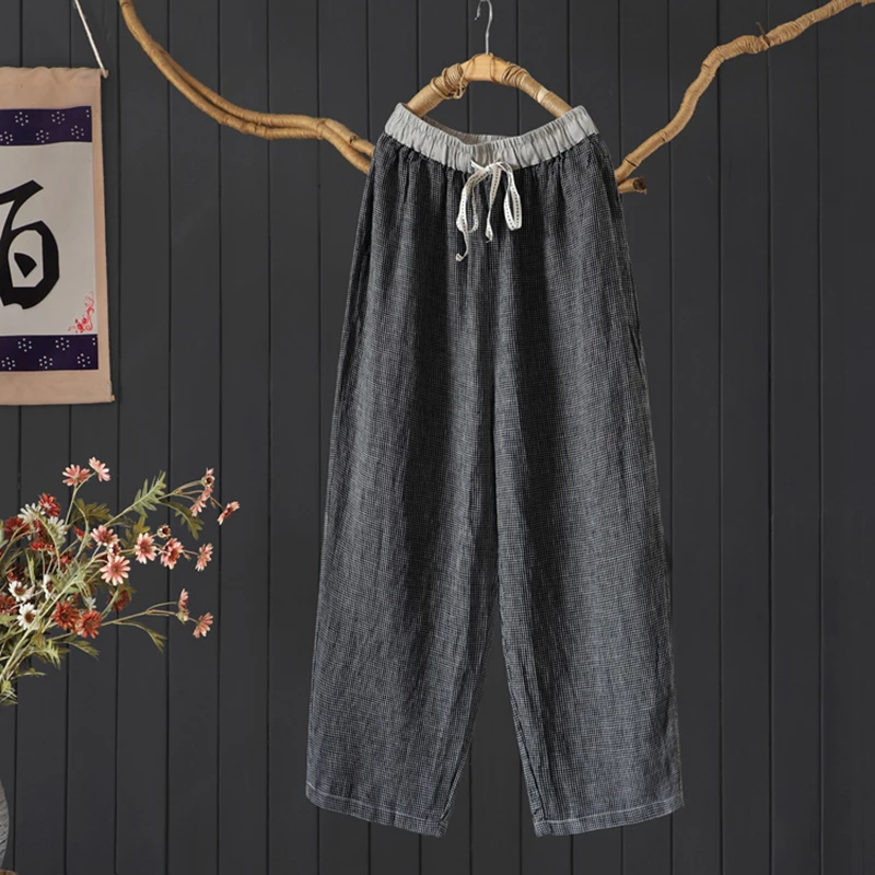 

100% Linen Women Casual Trousers New 2025 Spring Vintage Style Plaid Pattern Loose Comfortable Female Straight Pants M1693