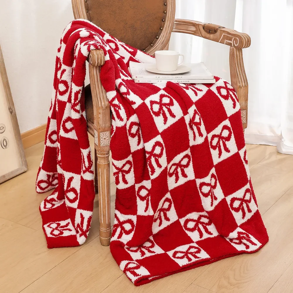 1Pc Two-Color Printed Knitting Blanket 127X178Cm Soft Bow Sofa Throw Blanket Single Colorfast Warm Plush Quilt for Living Room