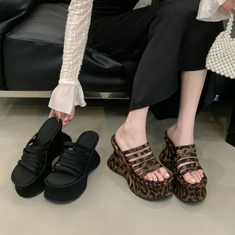 11CM Chunky Heeled Slippers 6cm Platform Sandals Woman Leopard Bow Beach Shoes Summer Belt Wedge Heels Sandalen Damen