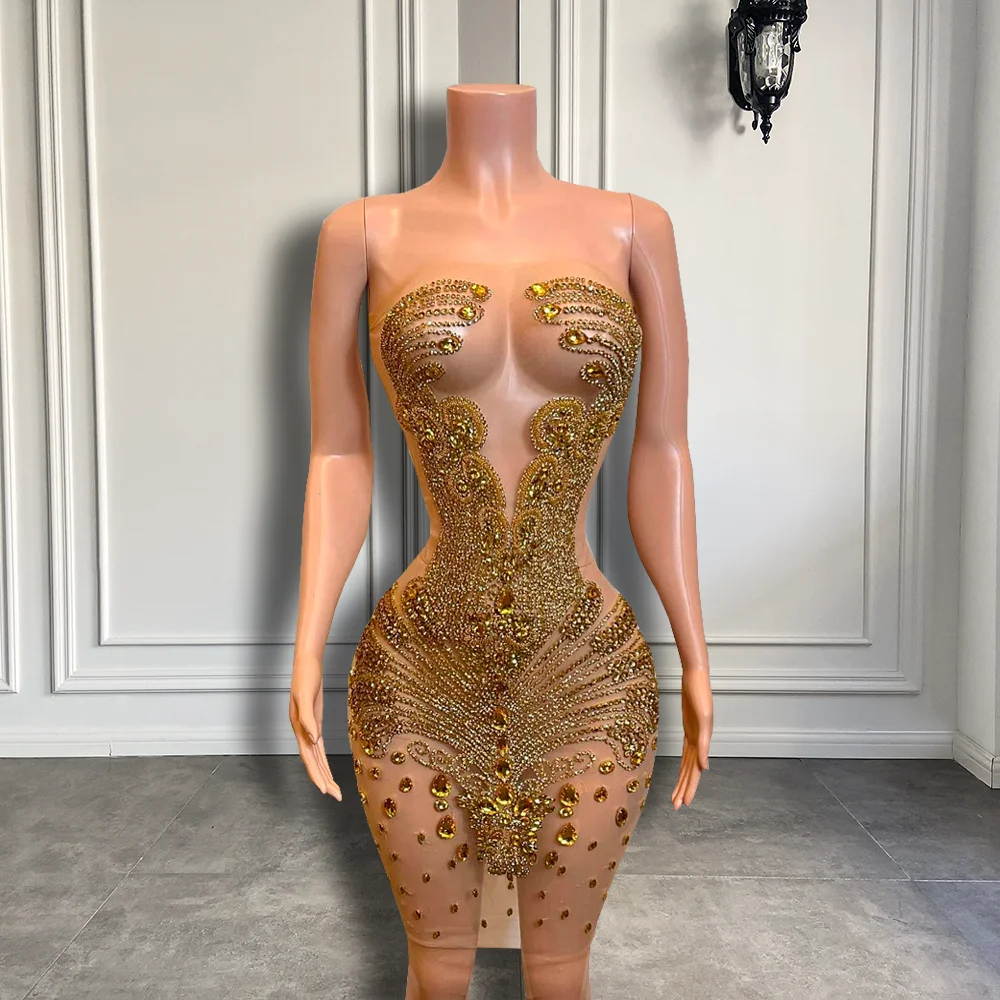Sparkly See Through African Women Cocktail Dress Gold Beads Crystals Short Prom Dresses 2026 For Birthday Party Gowns