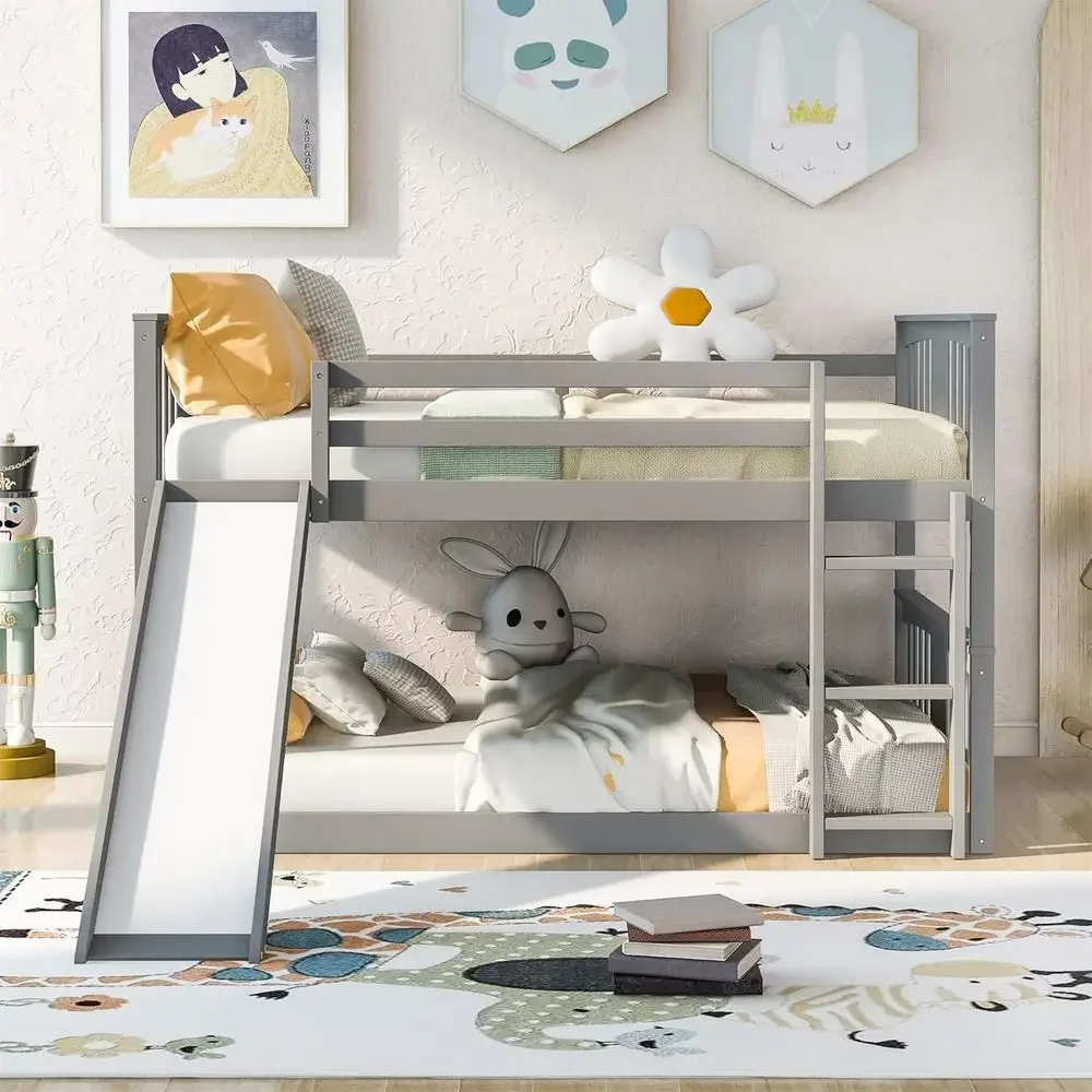 Grey Solid Wood Full Over Full Bunk Bed with Slide and Guard Rail for Kids and Teens
