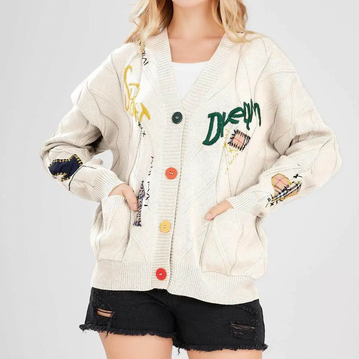 

American Sle Loose Knitted Cardigan Long Sve Casual Outerwear Embroidered Sweater Leisurely Draped Women's Faion