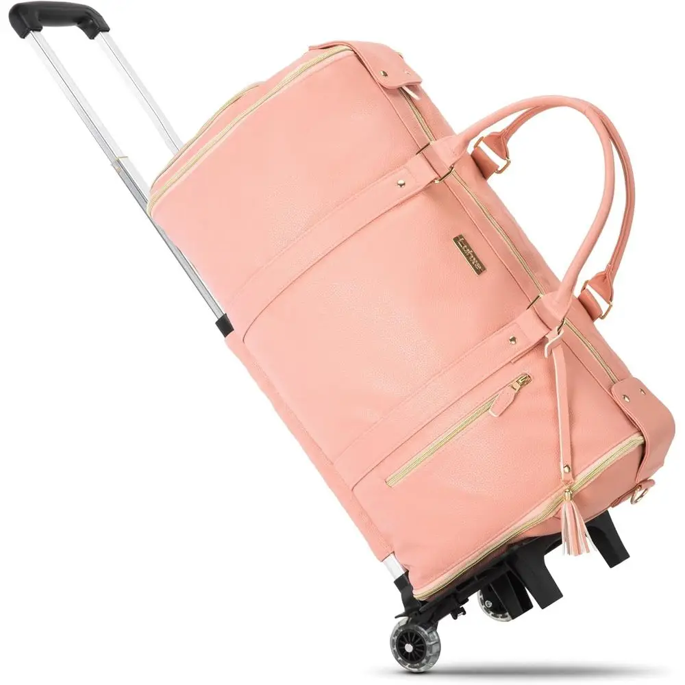 Convertible Rolling Luggage Bag 2.0 with Shoe Pocket & Detachable Strap – Enhanced Zipper, Reinforced Straps - Rose