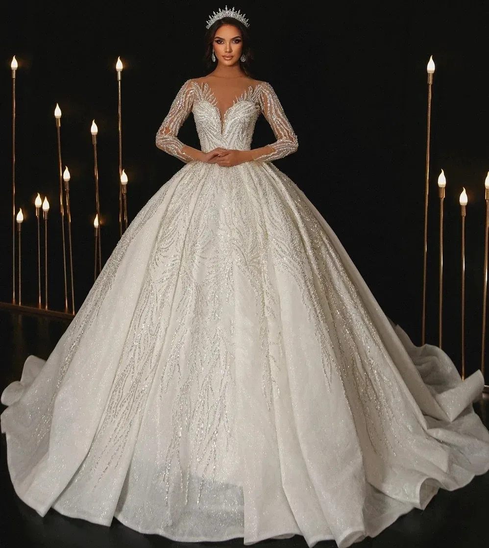 

New Modern Wedding Dress 2026 Sheer V-Neck Beading Sequin Long Sleeves Arabic Bridal Bride Gown Vestido de Noiva Robe Mariage