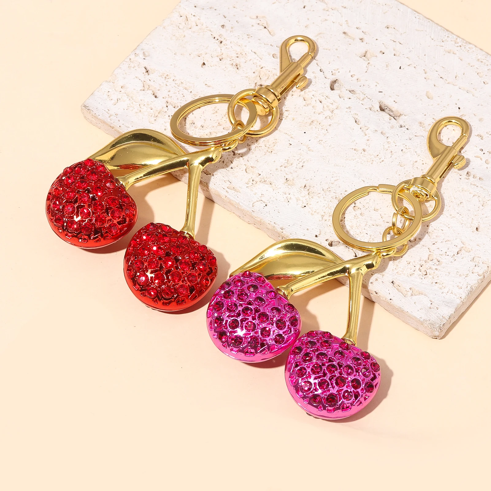 Delicious Crystal Red Pink Cherry Keychain Cute Fruits Cherries Pendant Keyring For Women Jewelry Bag Key Accessories Gift