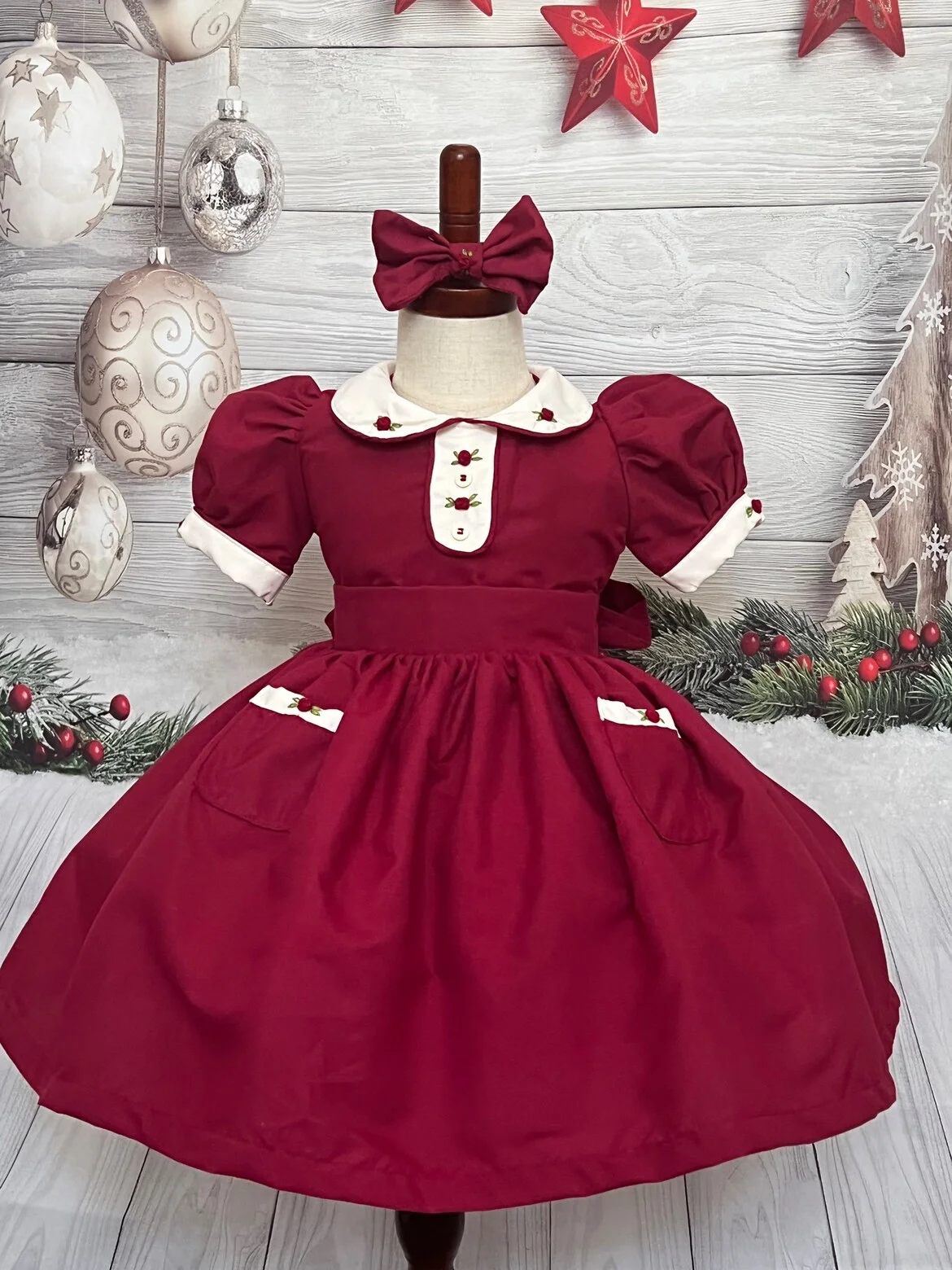 Summer Girl Cute Handmade Embroidered Pink Bow Red Dress With Bow for Casual Party Birthday Wedding Photography
