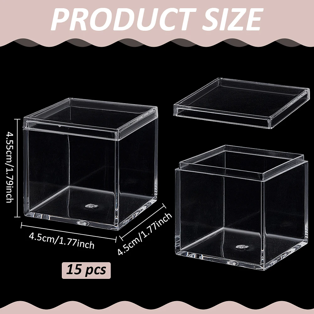 15 Pcs Clear Plastic Square Cube 1.77x1.77x1.77 Inch Small Display Box with Lid Mini Storage Box for Earrings Jewelry Tiny Beads