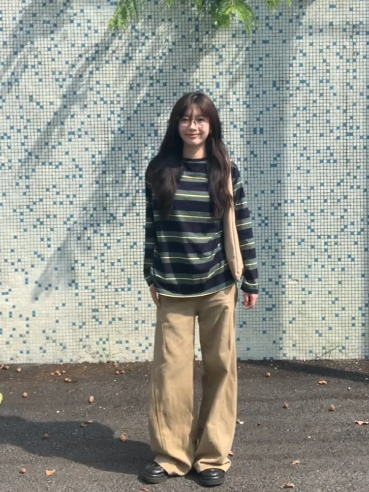 Coreano College Sle Long Sve T-shirt da donna Allentata Casual rotonda Ne Top a righe Umidità ng Cotone assorbente del sudore