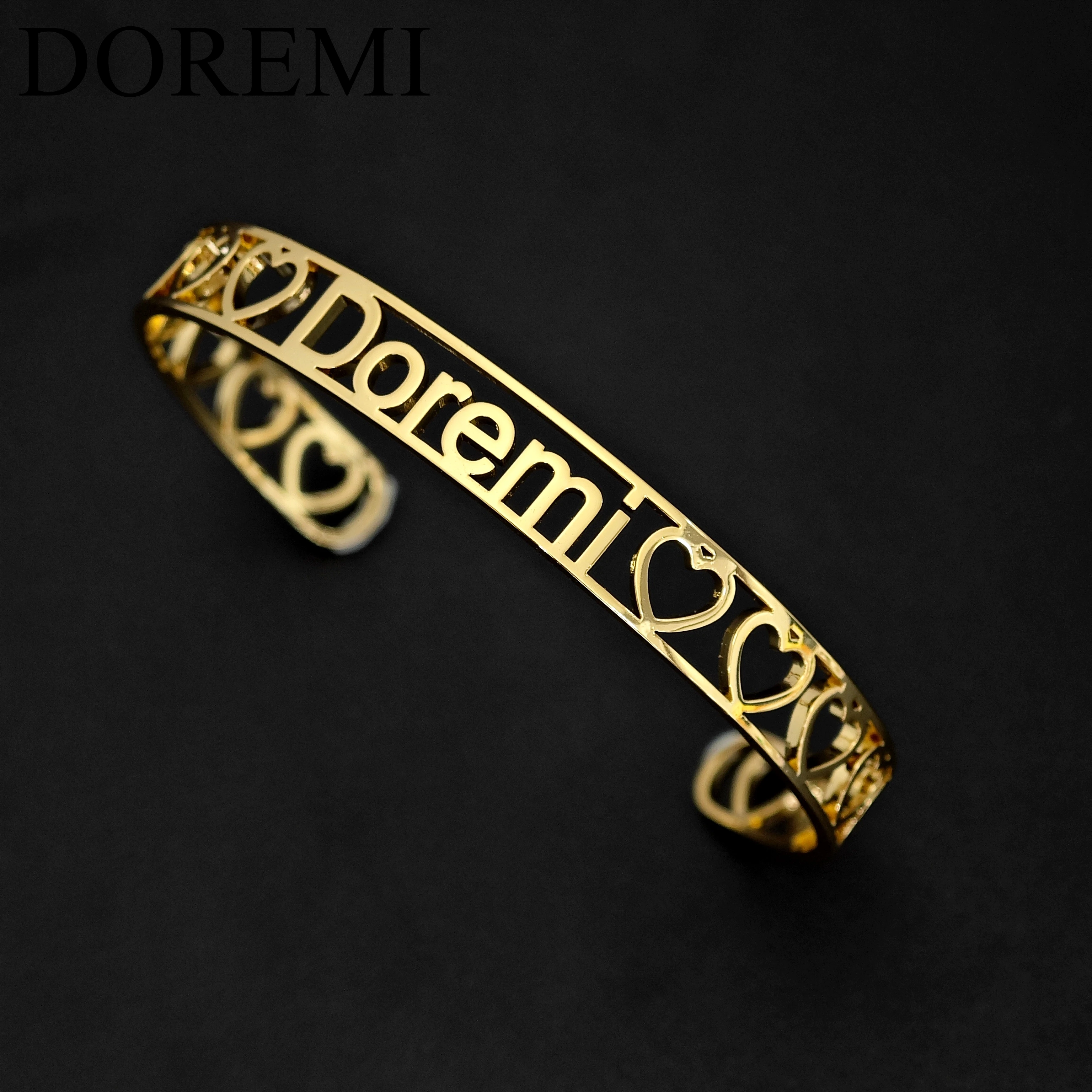 Doremi Custom Name Logo Personalized Women Heart Letter Bracelet Stainless Bangle Cut Out Hollow Cuff Engraving Name Band Bangle