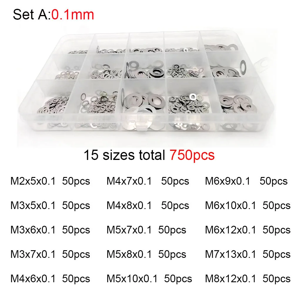 500/750/1200Pcs M2 M3 M4 M5 M6 M7 M8 304 A2 Stainless Steel Ultra Thin Washer Set Adjusting Shim Plain Gasket Assortment Kit Box