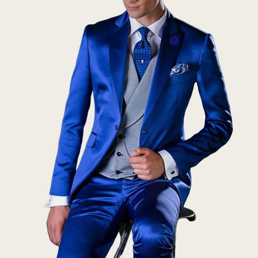 

Атласный королевский синий мужской костюм, свадебный пиджак Terno, пиджак с зубчатыми лацканами, элегантный пиджак из трех предметов, брюки, жилет, приталенный смокинг жениха