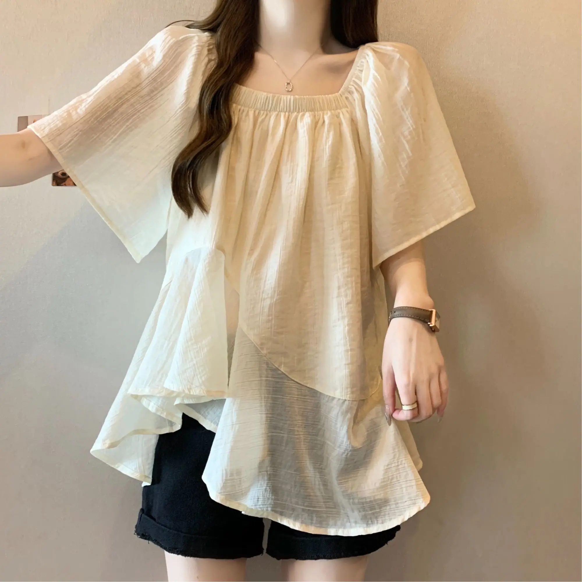 

Asymmetrical French Style Blouse 2025 Summer Plus Size Doll Top Deconstructed Chic Aesthetic Oversized Womens Fashion