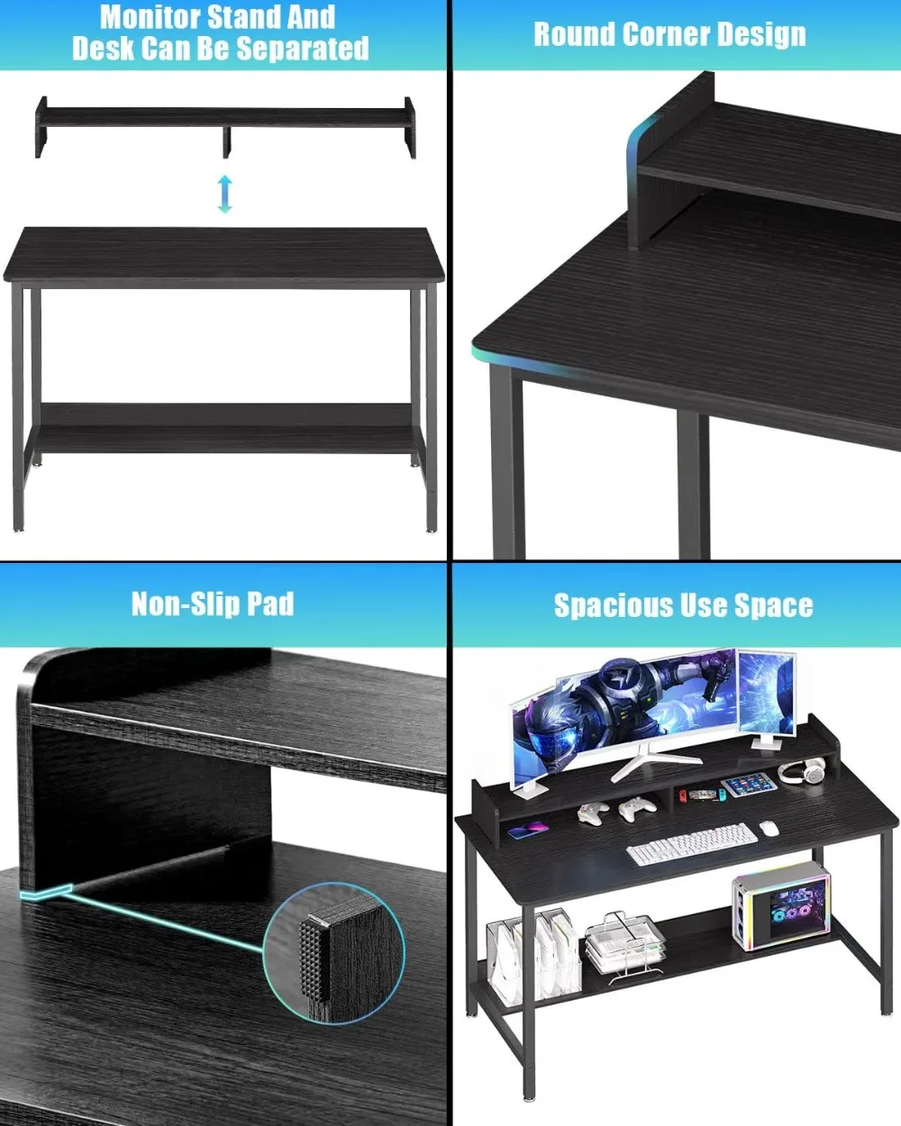 WOODYNThereBureau d'ordinateur avec étagères, bureau d'écriture de jeu de 43 pouces, table d'étude pour PC, poste de travail avec rangement pour le bureau à domicile