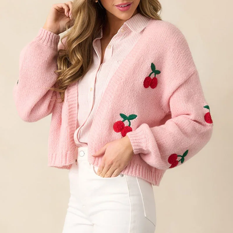 

New Style Cherry Embroidery Women's Cardigan Sweater Stylish And Elegant Long-sleeved Knitted Garment