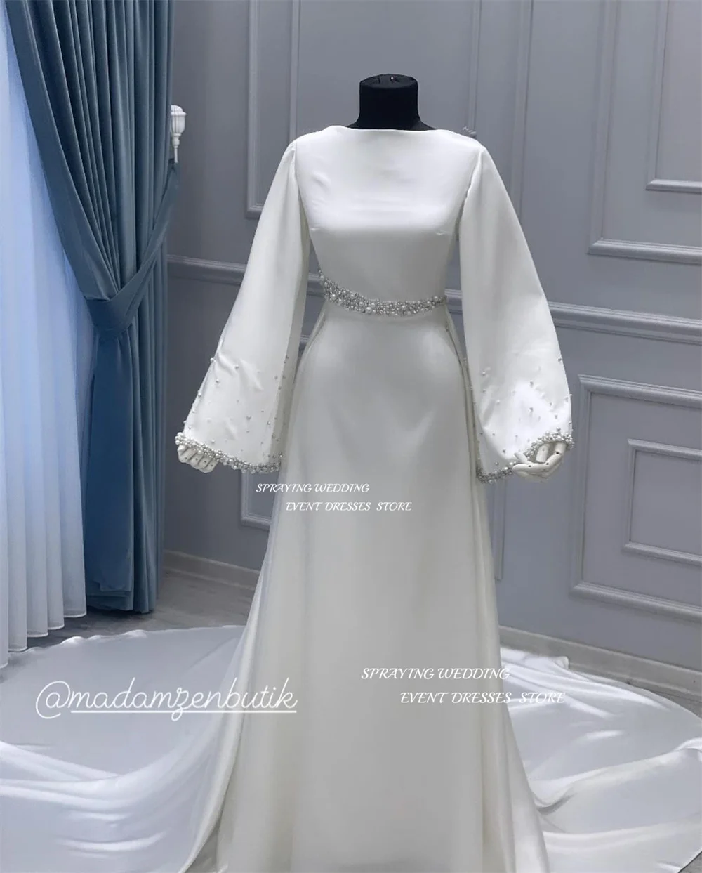 SPRAYING Elegant Shiny Pearl A Line Wedding Dress O Neck Long Sleeve For Women Dresses Floor Length Train Soft Satin Prom Gown