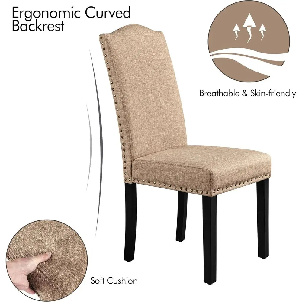 كراسي طعام بارسونز المنجدة بأرجل من الخشب المطاطي، زخرفة رأس الأظافر، مجموعة من 2، كاكي #6