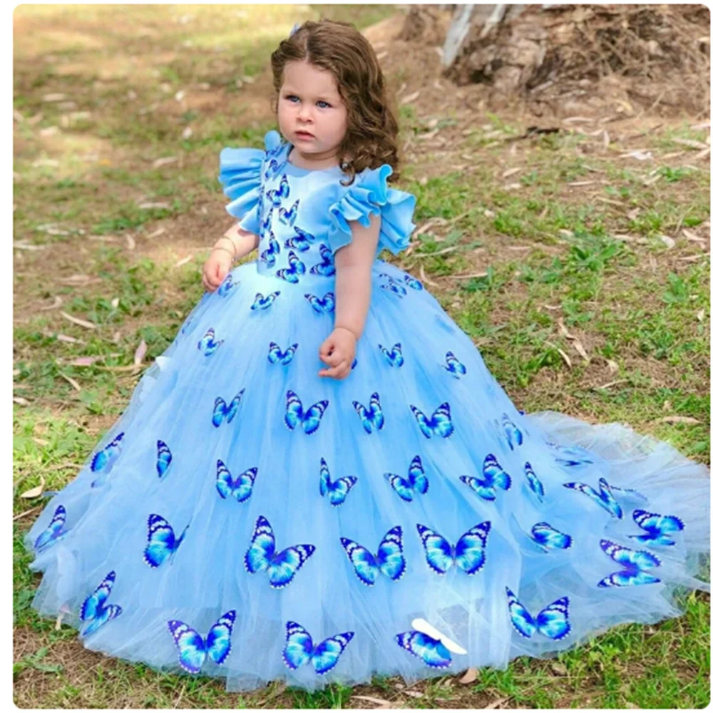 Blue 2024 Flower Girl Dresses Tulle Wedding Butterfly Appliques Court Train Ball Gown First Communion Dress for Kids Party