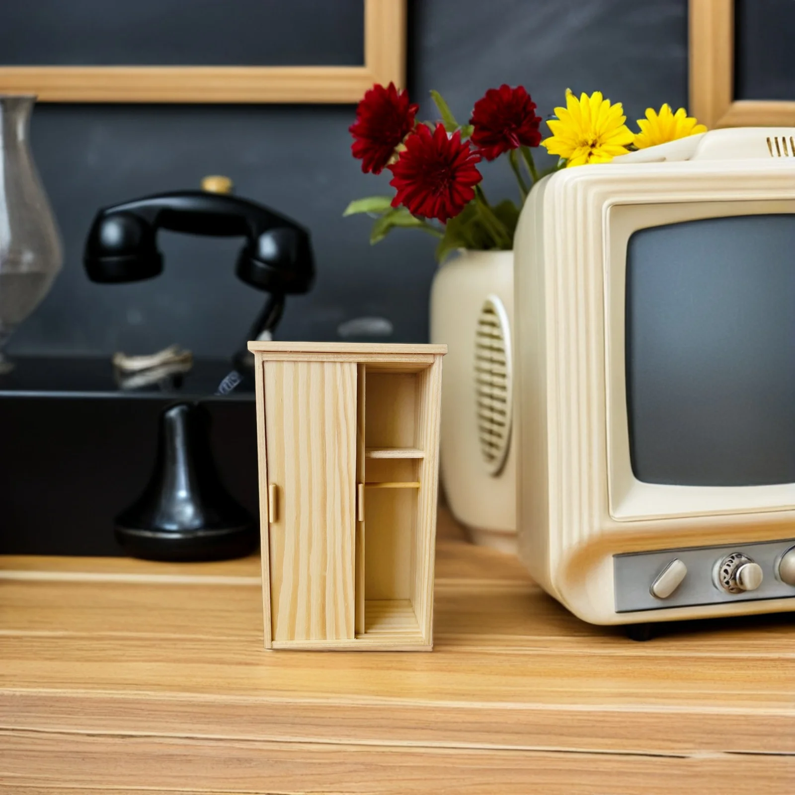 

Light Yellow Wooden Dollhouse Wardrobe Mini Cabinet with Vintage Design for Miniature Home Decoration Pretend Play Photography