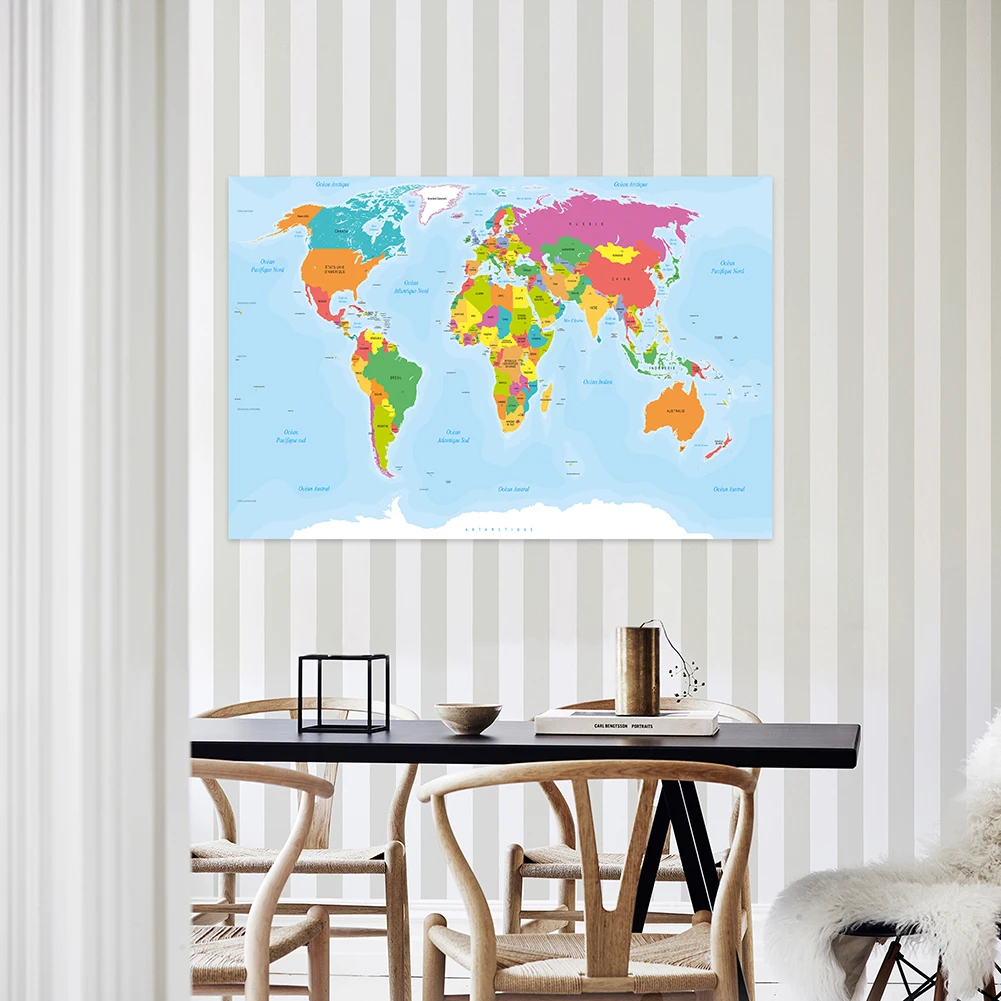 Imagem -04 - Cartaz de Parede do Mapa do Mundo para Crianças Pintura em Lona Não Tecida Escritório e Sala de Estar Decoração Material Escolar 225*150cm