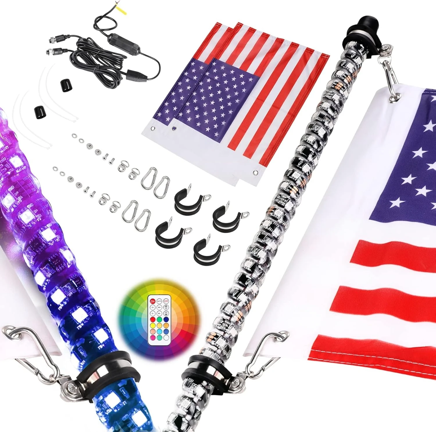 2PCS 2ft LED Whip Lights with Flag Pole Remote Control Spiral RGB Chase Light Offroad Warning Lighted Antenna LED Whips for UTV