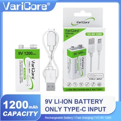 VariCore 1200mAh 9V li-ion 6F22 Rechargeable Battery USB Type-C Charge For Microphone Multimeter RC Toys Temperature Gun