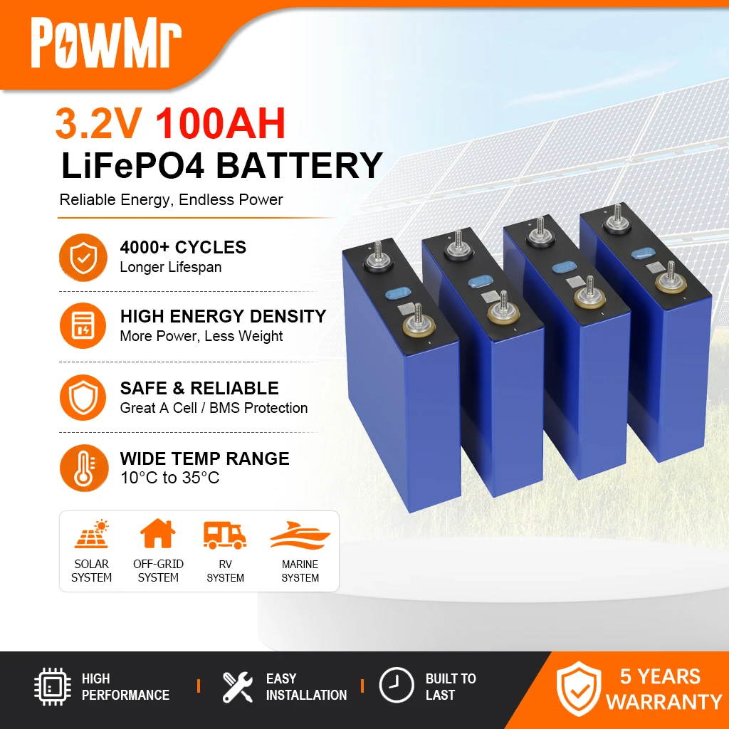 PowMr 3.2V 100Ah 4 stuks batterijcellen van klasse A LiFePO4 Lithium-ijzerfosfaat batterijpakket diepe cyclus voor zonne-energieopslag, camper, off-grid, maritiem, UPS, oplaadbare batterijcel