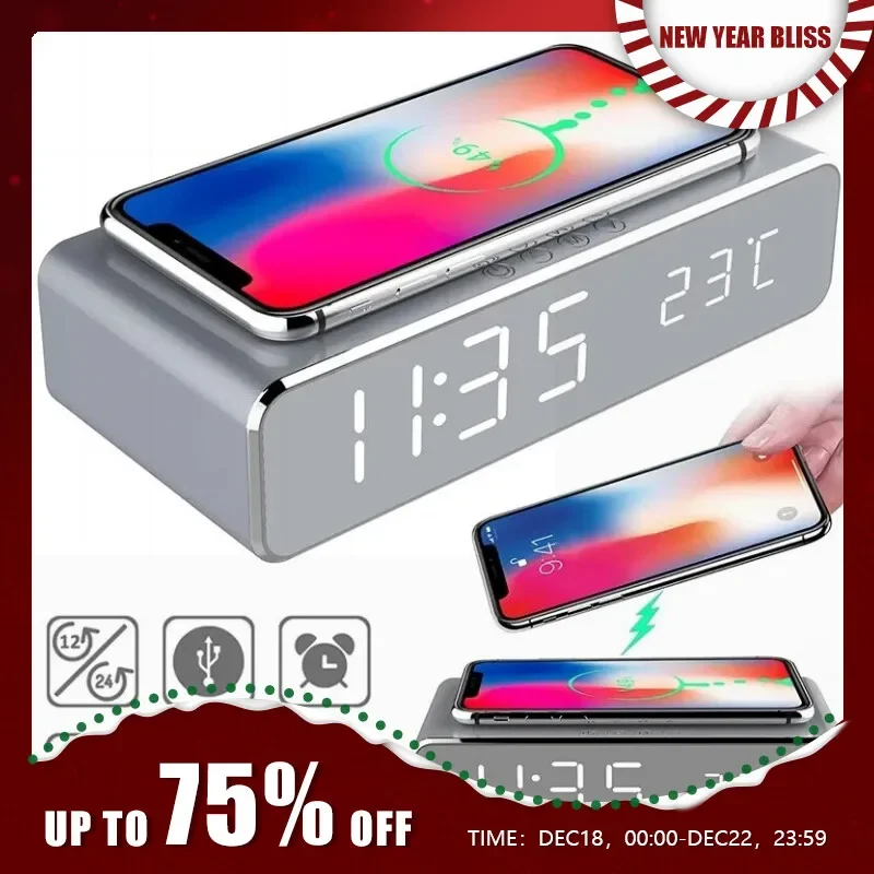 Wireless Charger Time Alarm Clock LED Digital Thermometer Earphone Phone Chargers Fast Charging Dock Station for iPhone Samsung