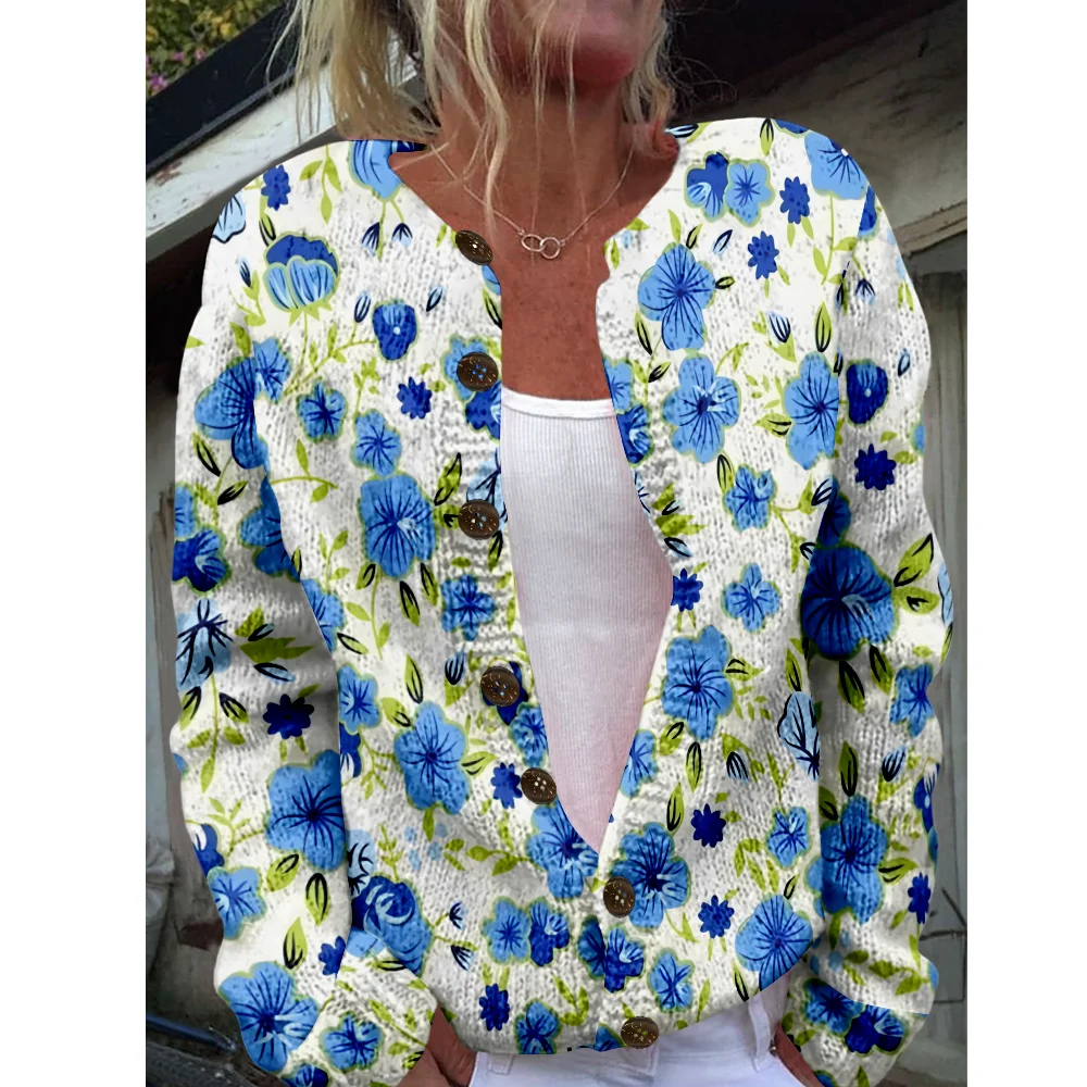 

Осень-зима вязаный кардиган с цветочным принтом, повседневный свитер, уличная одежда, женские свитера, вязаный топ, крутые джемперы, модные