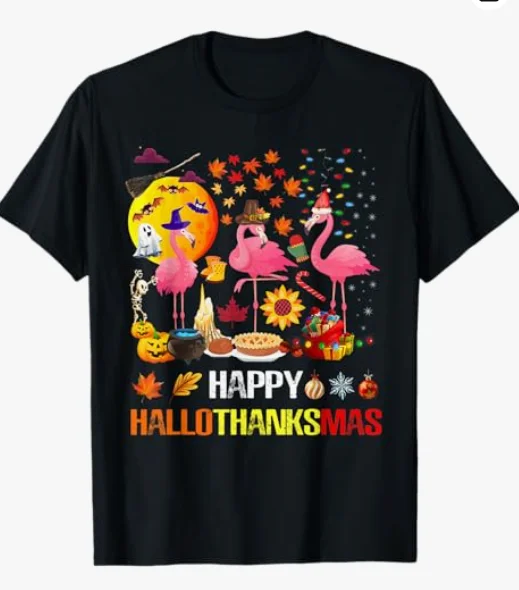 Happy Hallothanksmas Flamingo Halloween Thanksgiving Xmas T-Shirt