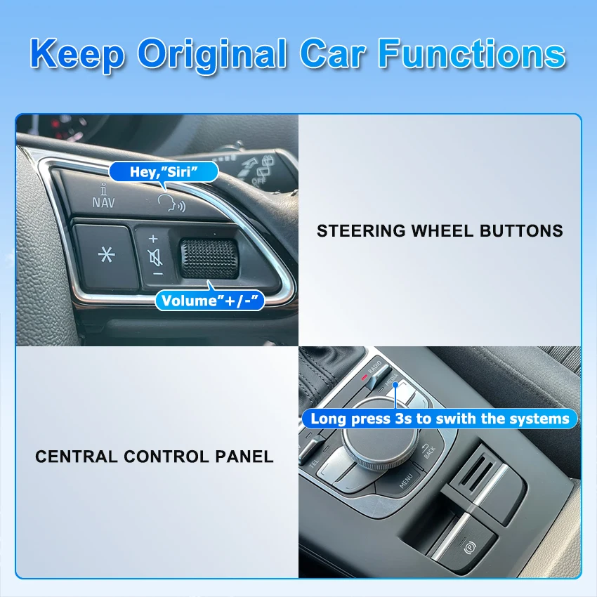 واجهة Linux اللاسلكية CarPlay Android Auto لسيارة Audi A3 2014-2018 مع وظائف تشغيل السيارة للملاحة AirPlay Mirror Link