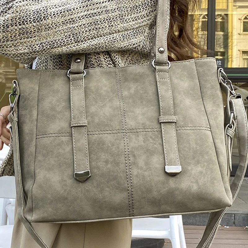 Women Nubuck Leather Handbag Retro Suede Ladies Quilted Large Tote Shoulder Bag Female Gray New Vintage Commuter Crossbody Bags